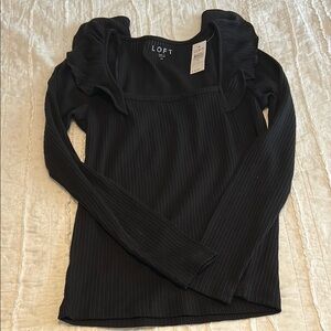LOFT Black Ruffled Ribbed Blouse